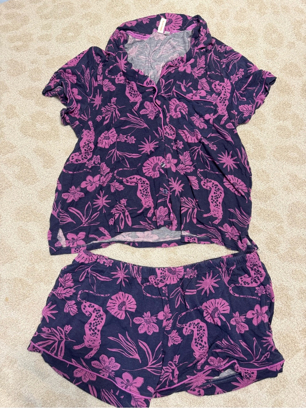 Navy & Pink Floral Short Pajama Set - Women's Two-Piece Lounge Set